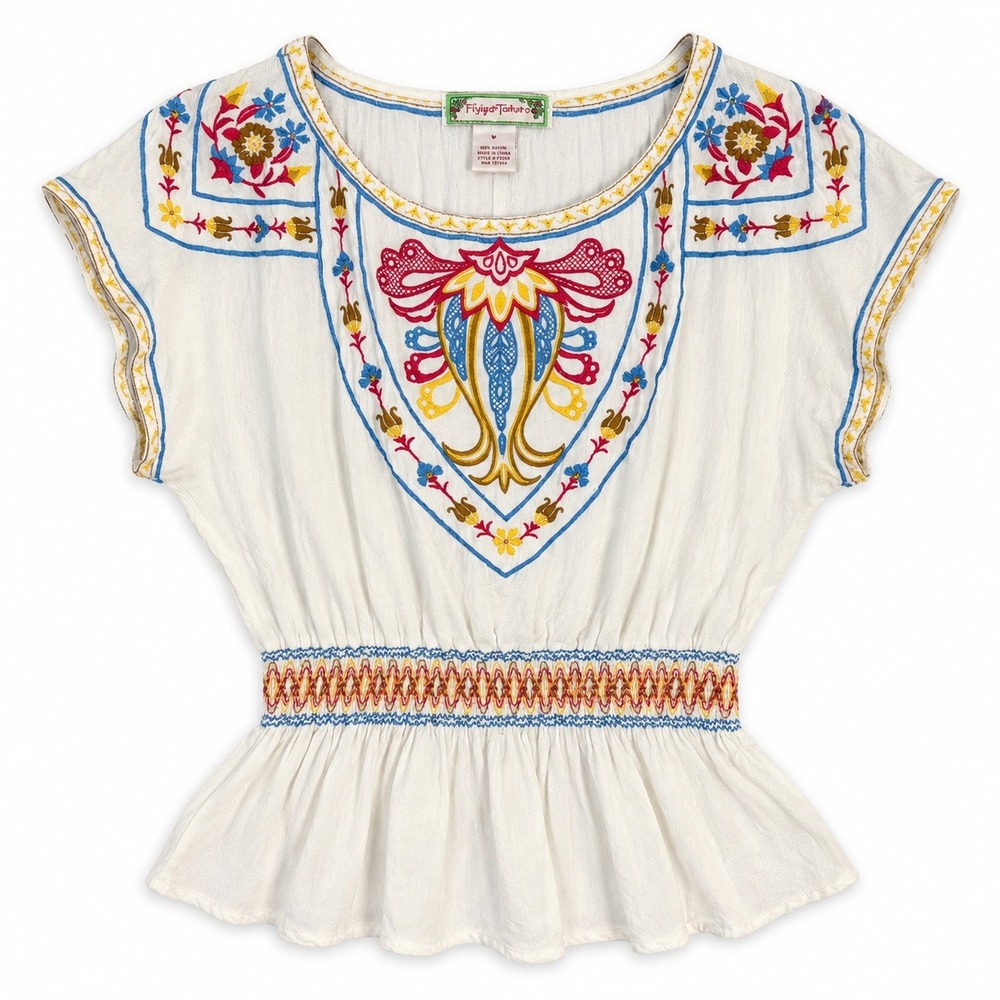 Vtg Y2K Flying Tomato Womens White Embroidered Smocked Peplum Top